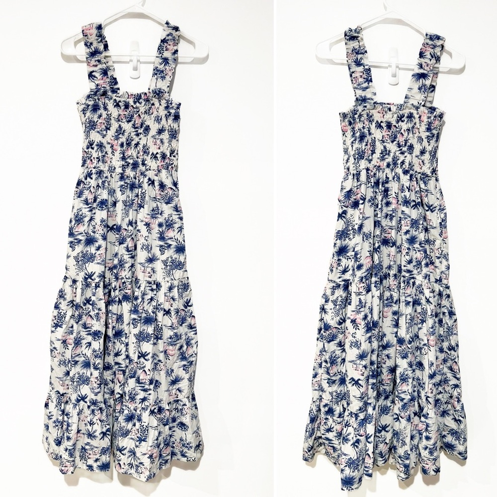 Abercrombie & Fitch Tropical Palm Tree Beach Floral Smocked Bodice Midi Dress